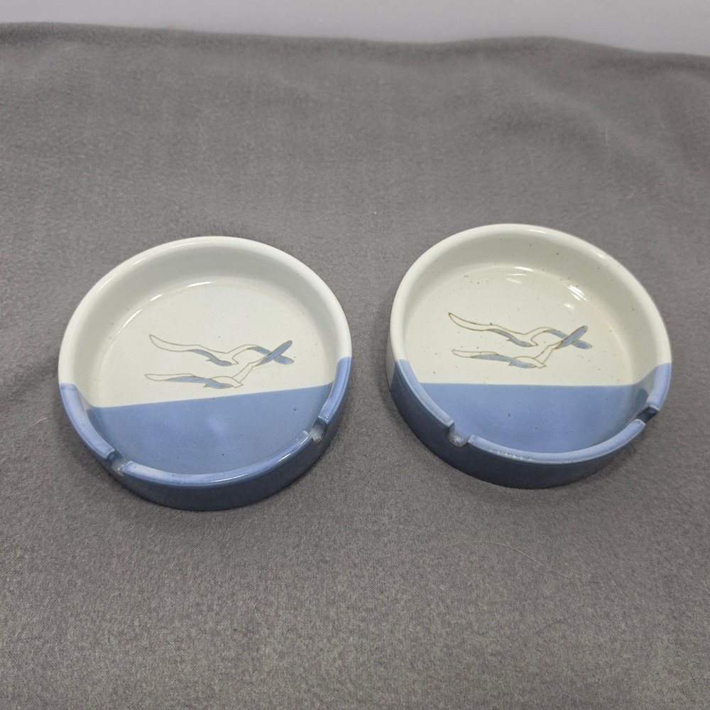 Vintage Otagiri Japan Seagull Stoneware Ashtray Set 2 Blue Cream Nautical B